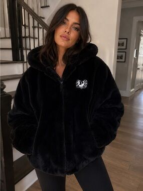 PHAT FARM Black Faux Fur Hooded Jacket ( unisex)